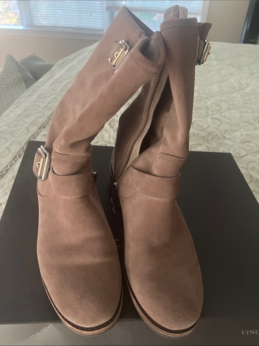 Vince Camuto Brown Suede Mid-Calf Buckle Boots